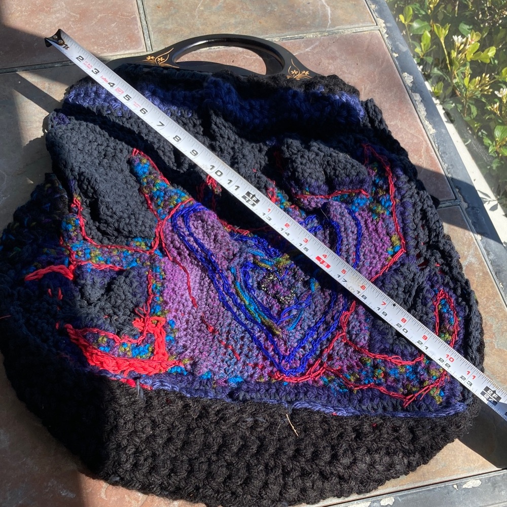 Handcrafted Black Crochet Tote with Multicolor Embroidery - Picture 3 of 12